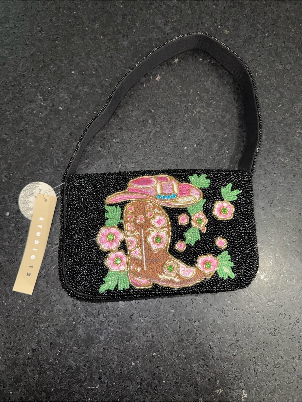 NEW Studio 12 Black Beaded Shoulder Bag Pink Floral Cowboy Boots & Hat VIRAL BAG